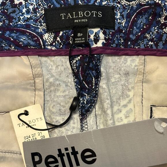 Talbots Slim Leg Ankle Pants 8P Front Zip Blue Paisley Cotton Stretch Preppy NWT - Picture 5 of 7